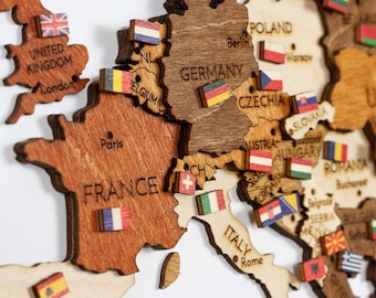 Wooden World Flags (346 pieces) stickable - countries, states - push pins location markers thumb tacks - for wooden maps, scratch maps