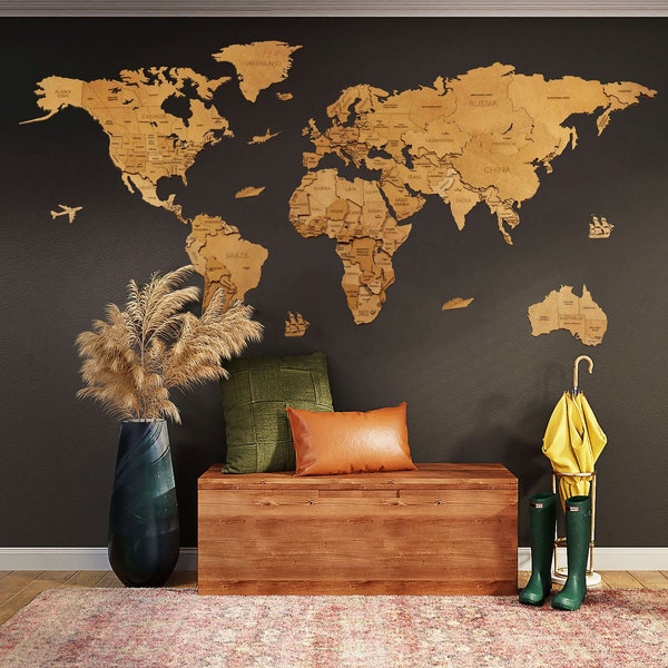 World wood map wall art - OAK edition - no duty/tax! 3D multilayer, hand-made, perfect gift for travellers, 5th wedding anniversary gift