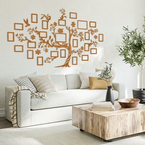 Golden oak wooden family tree with 23 picture frames (83x63in / 210x160cm), large wall decoration art decal rearrangeable photo frames