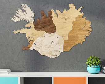 Wooden Map of Iceland – large multicolour 3D wall decoration art for your room, hall, office, living room or cottage