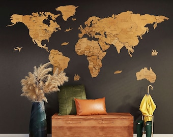 World wood map wall decoration - OAK edition - 3D multilayer,hand-made,perfect gift for travellers,5th wedding anniversary gift,no duty/tax