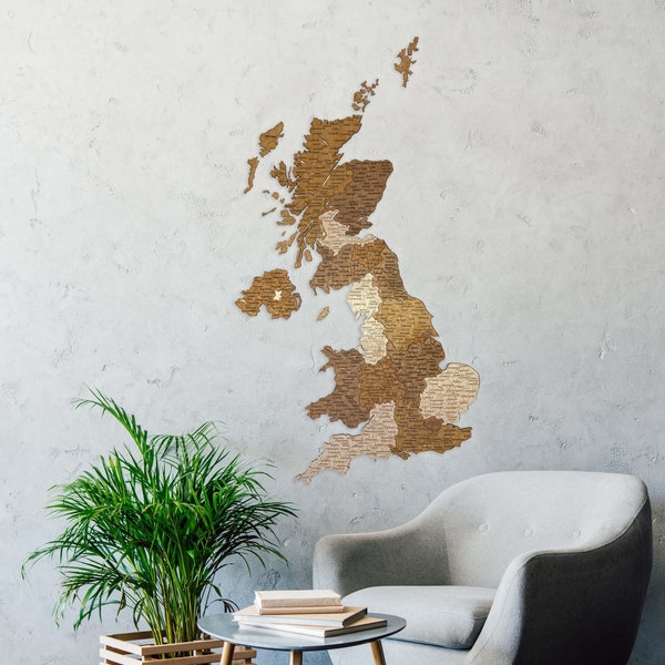 Houten kaart van de Britse eilanden, VK, Groot-Brittannië, Ierland – gegraveerde wanddecoratiekunst voor woonkamer, hal, kantoor, reiskaart, houten kaart
