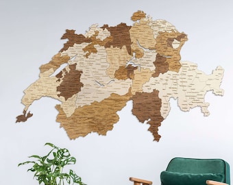 Wooden map of Switzerland wall decoration, very detailed, engraved cities, roads, borders - large multicolor art for your home, office Swiss
