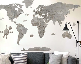 Wooden 3D Map of the World wall decoration - Grey- no duty/tax! 3D Multilayer Very Detailed Wood Map