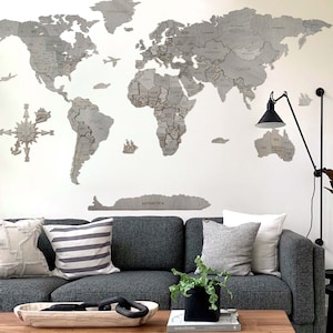 Carte du monde 3D en bois - Décoration murale - Gris - Sans droits de douane ni taxes ! Carte du monde 3D multicouche en bois très détaillée