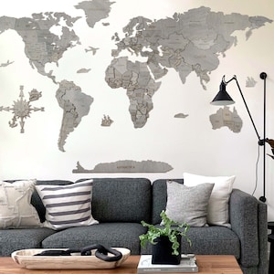 Wooden 3D Map of the World wall decoration - Grey- no duty/tax! 3D Multilayer Very Detailed Wood Map