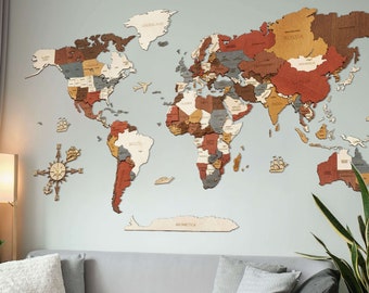 Décoration murale carte du monde en bois - Édition industrielle - pas de droits/taxes ! Carte 3D, multicouche multicolore, très détaillée, pour intérieur moderne