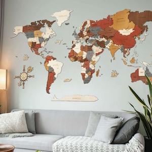 Wooden World Map Wall Decoration - Industrial edition - no duty/tax! 3D, multilayer multicolor, very detailed map, for modern interior