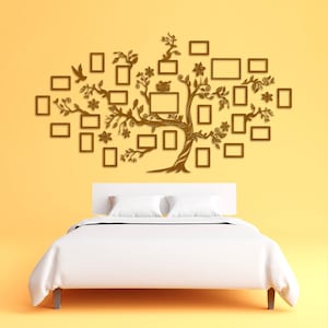 Wooden Family Tree WALNUT with 23 picture frames (83x63in / 210x160cm) large wall decoration art decal rearrangeable photo frames