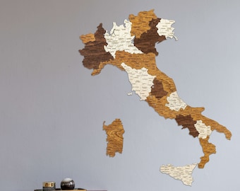 Wooden map of Italy – engraved cities, roads, borders - large multicolor 3D wall decoration art for your room, hall,office Italian geography