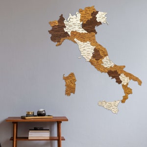 Houten kaart van Italië – gegraveerde steden, wegen, grenzen – grote veelkleurige 3D wanddecoratie kunst voor uw kamer, hal, kantoor Italiaanse geografie