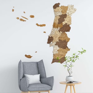 Portugal wooden map – engraved cities, roads, borders - large multicolor 3D wall decoration art for your room, hall, office