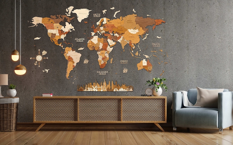 Wooden World map wall decoration - geographical, very detailed, perfect gift for travelers,anniversary - no duty/tax image 1