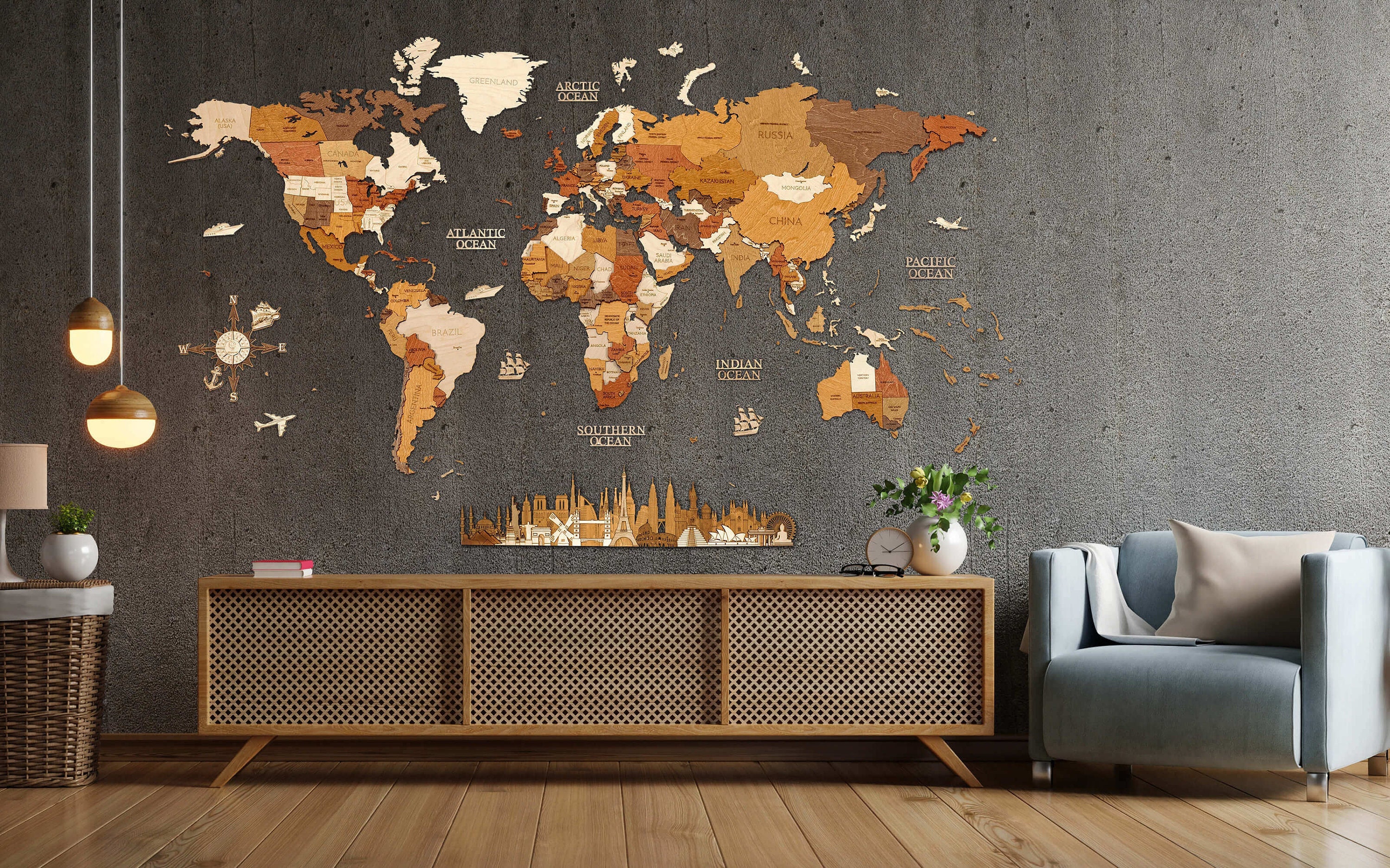 68travel Carte du monde en bois pour décoration murale - bois