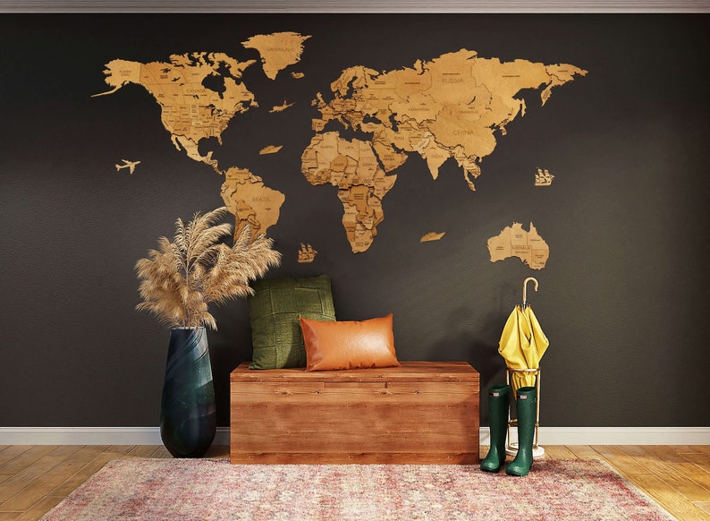 World wood map wall art OAK edition no duty/tax 3D multilayer, hand-made, perfect gift for travellers, 5th wedding anniversary gift image 1
