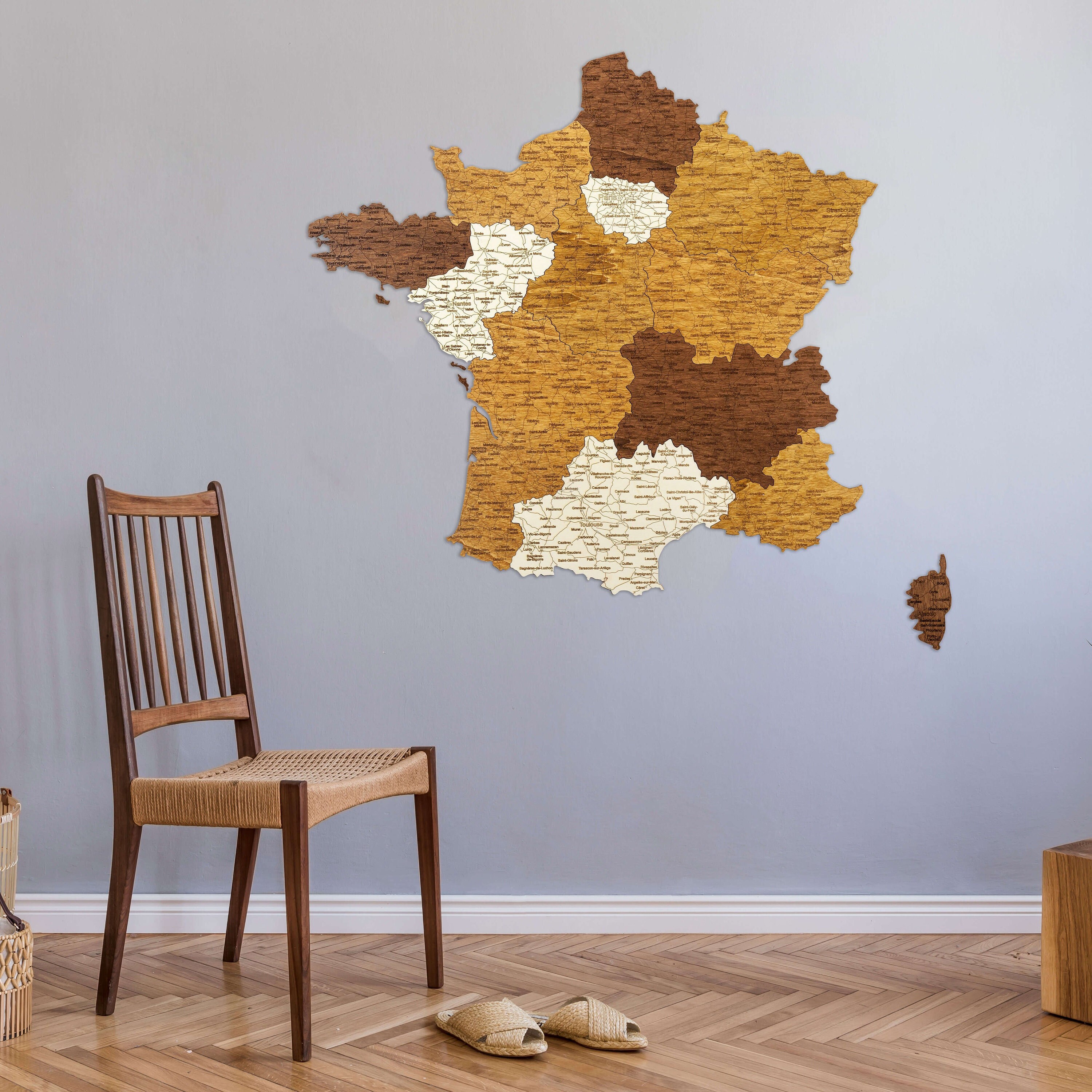Wooden World map wall decoration - multilayer, multicolor stained wood,  engraved names, borders - unique 3D design - for living room, kitchen,  office