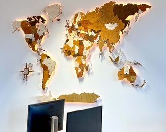 LED backlight wooden world map wall decoration - multilayer, multicolor detailed map