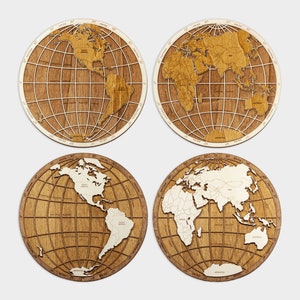 Décoration murale en bois avec hémisphères du monde (globe) - Carte 3D en bois multicouche multicolore