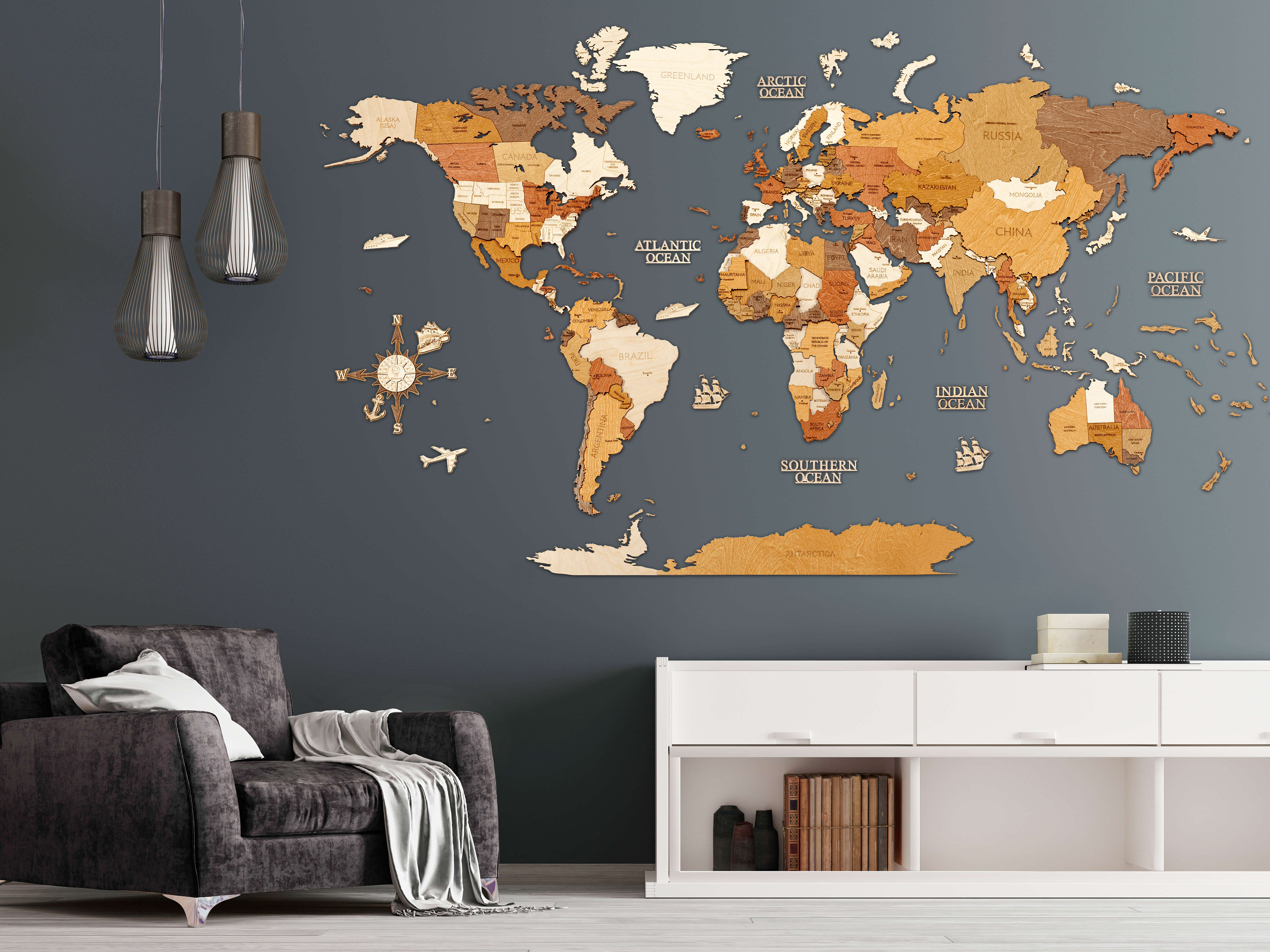 Une jolie décoration murale carte du monde en bois personnalisée