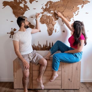 Wooden World map wall decoration WALNUT - 5th wedding anniversary gift, geographical very detailed map, multilater 3D wall decoration