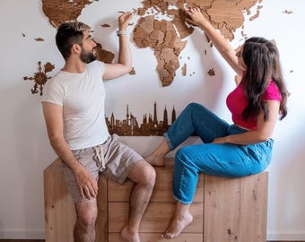 Wooden World map wall decoration WALNUT - 5th wedding anniversary gift, geographical very detailed map, multilater 3D wall decoration