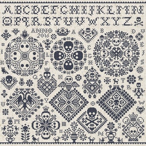 May include: A cross-stitch sampler featuring a variety of gothic and macabre motifs. The design includes skulls, crowns, and floral elements, all rendered in dark blue thread on a cream-colored fabric. The sampler also includes the alphabet and the year 2016.