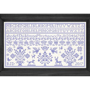 Victorian Sampler Cross Stitch Pattern: Alphabets, Crowns, Birds