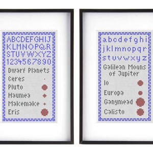May include: Two framed cross-stitch pieces with blue and white borders. The left piece lists the dwarf planets Ceres, Pluto, Haumea, Makemake, and Eris. The right piece lists the Galilean Moons of Jupiter: Io, Europa, Ganymede, and Calisto.