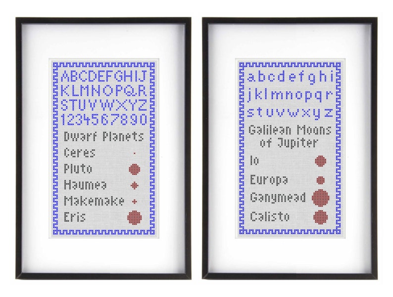 May include: Two framed cross-stitch pieces with blue and white borders. The left piece lists the dwarf planets Ceres, Pluto, Haumea, Makemake, and Eris. The right piece lists the Galilean Moons of Jupiter: Io, Europa, Ganymede, and Calisto.