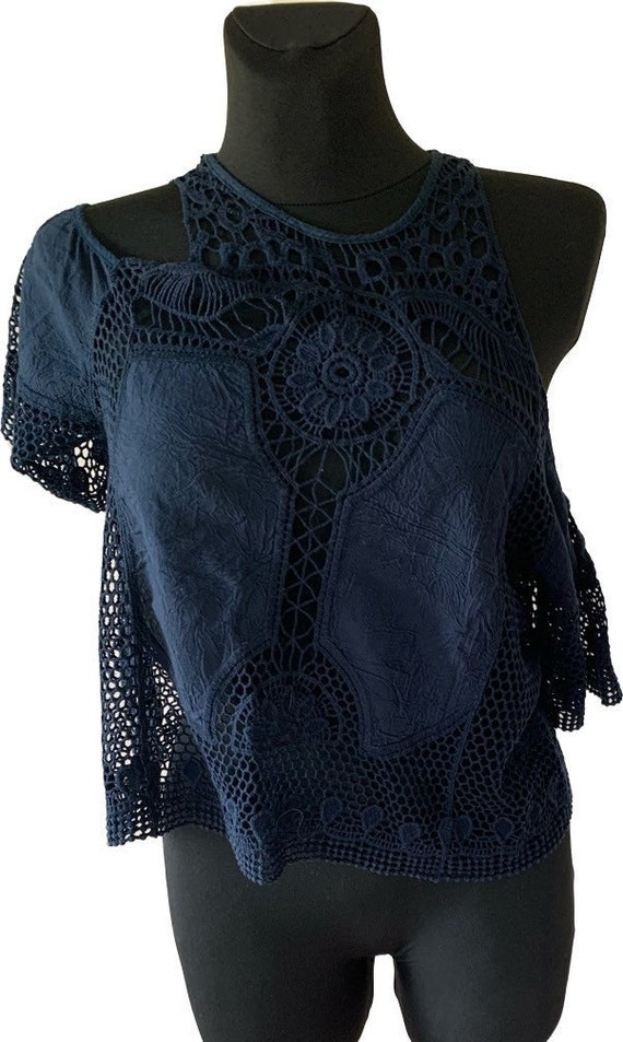 Navy blue openwork embroidered blouse Top with sho