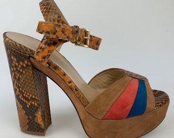 Vicini Brown Suede Heeled sandals Platform Sandals Snakeskin pattern High Heels Genuine leather Chunky  Colorful sandals US7.5 Made in Italy