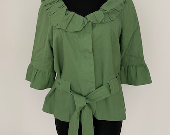 Green linen blazer Vintage Linen women clothing Summer 3/4 sleeves jacket Loose Casual jacket with Large Collar Size XL