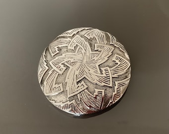 Vintage 1980s Pierre Lang Brooch Oversize Signed PL brooch Chunky Heavy Silver tone Round brooch Modern Star or Flower pattern brooch