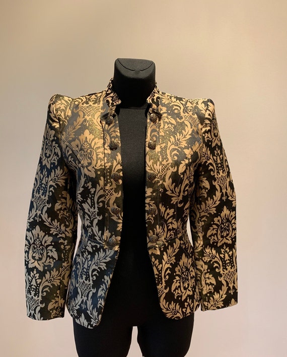 Vintage retro 90s jacket Brocade long no closure jacket Gold colored jacket Extended shoulders Metallic gold and olive green jacket
