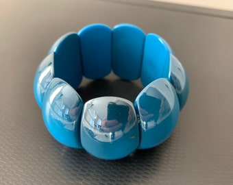 Wide Blue Costume bangle Shiny Large Bracelet Chunky Bright plastic Cuff bracelet Beaded stretch bangle
