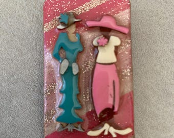 Vintage Woman Pin by Lucinda Pink Brooch by Lucinda with 2 Women