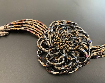 Black beaded Floral bracelet Large flower cuff Shiny formal bracelet Wedding bracelet Multi strand bracelet