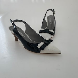 Black and White Maripe slingback heels Lacquered Leather open sling back Vintage 60s style sandals Low heels shoes  Black Dress Shoes
