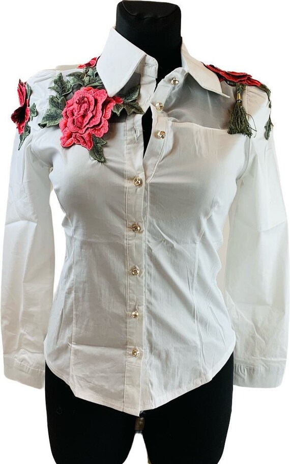 Blusa De apliques de flor blanca con etiquetas Blusa de encaje con bordado Blusa de apliques de rosa roja grande Blusa de cintura definida Etsy Espana