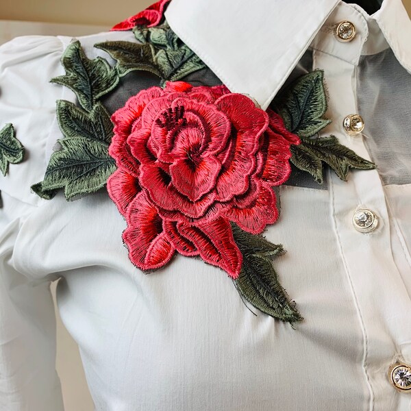 Applique Button Front Smocked Blouse