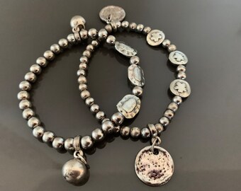 Silver tone Stacking Bracelet set Vintage Stretch Metal beads bracelet Set of 2 elastic Stacking Bracelet Stretchy Gothic Bracelet Set