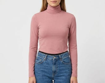 Light Pink ausgestattet Rollkragen Top Schiere ausgestattet Langarm-top T-Shirt Tight Stretchy top