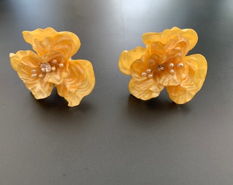 Vintage W Germany Celluloid Clip-on Earrings  Art Deco flower clip earrings Yellow large flower earrings Exclusive Rare signed jewelry