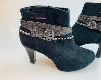 Gothic style S.OLIVER ankle boots Suede Black platform Gothic boots Buckle boots with chain High heel boots