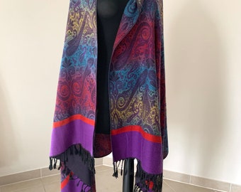 Paisley Print Scarf Extra Large Shawl Long Purple Shawl  Reversible Boho Scarf Vintage Multicolored wrap