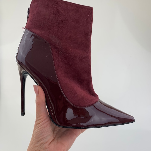 Buffalo Bordeaux bottines Stiletto Heel boots Lacquer Burgundy Pointy Boots Taille UK 6 EU 39 US 8 Bottes en daim en cuir véritable