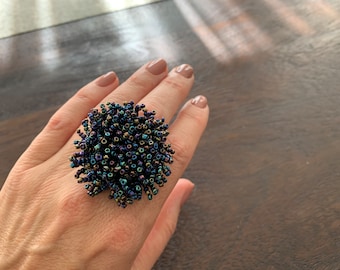 Large Beaded Floral ring Chunky cocktail ring Sparkly Multicolored ring Statement handcrafted ring