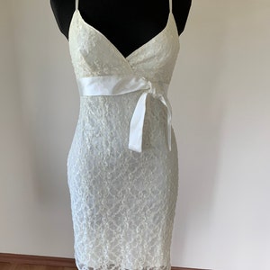 Short & simple wedding dress Little white Lace dress for a modern bride Mini Pencil slip dress Size S Vintage White Bridal Dress
