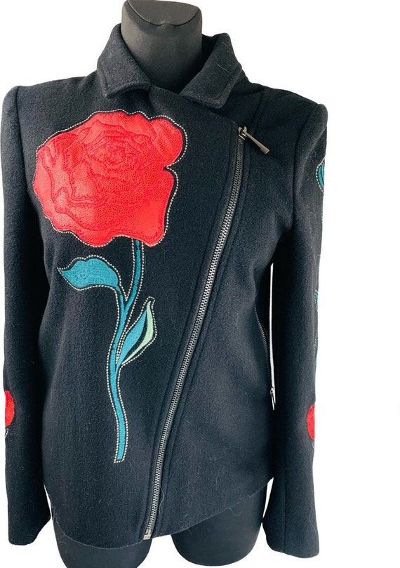 Vintage Black Jacket With Large Red Rose Applique Embellished Wool
