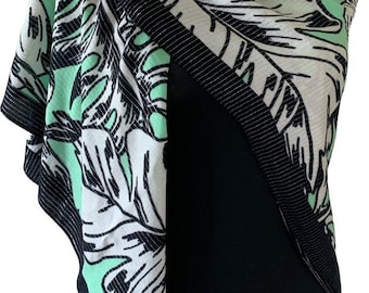 Extra Large Shawl wrap Tropical Leaves Pattern scarf Elegant Pareo Square floral Italy shawl White  Black Green  scarf